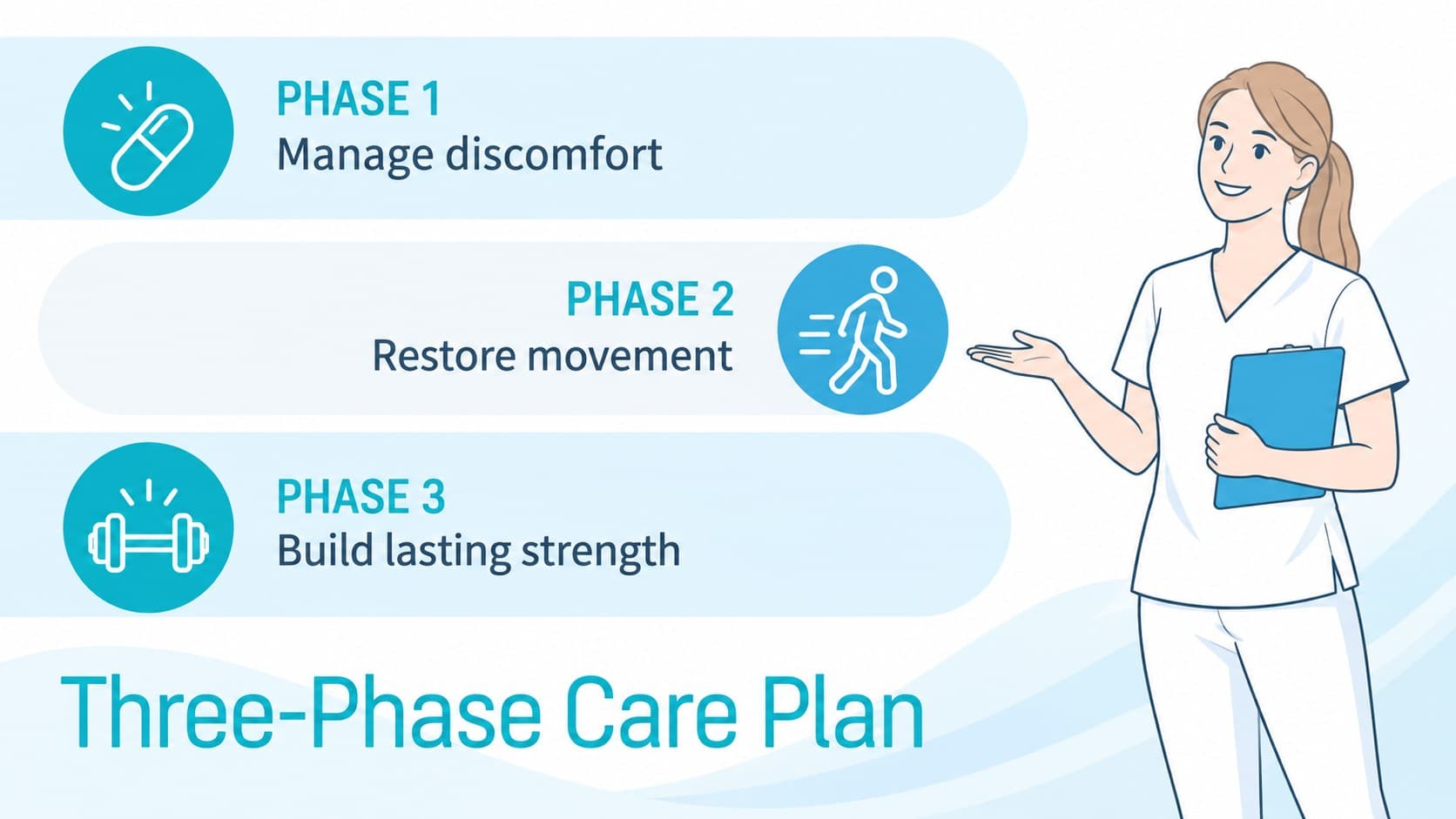 Treatment plan slide with three phases for an editable patient case presentation.