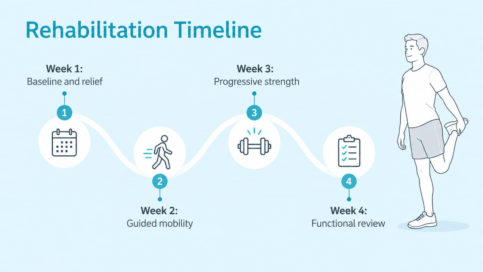Medical education briefing slide with a four-week rehabilitation timeline.