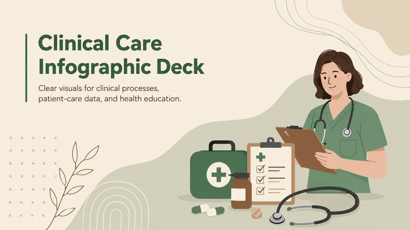 Cover of the Clinical Care Infographic Deck with warm healthcare illustrations in beige, green, and brown.