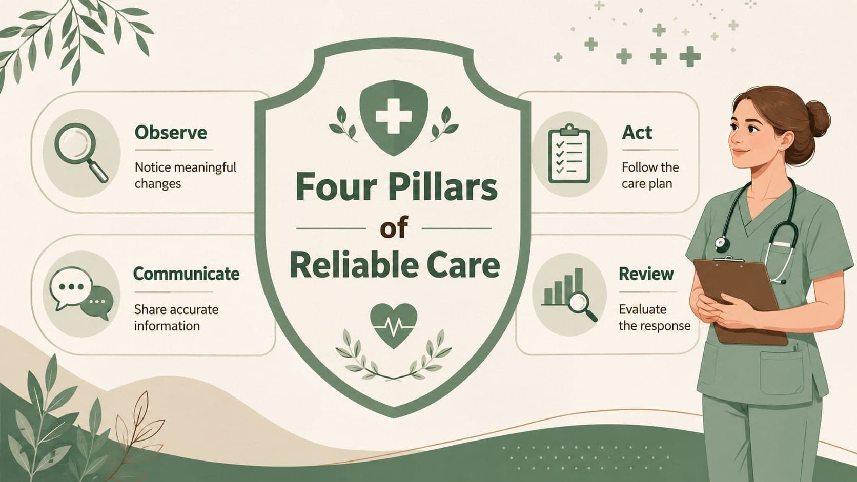 Nursing data visualization template presenting four pillars of reliable clinical care.