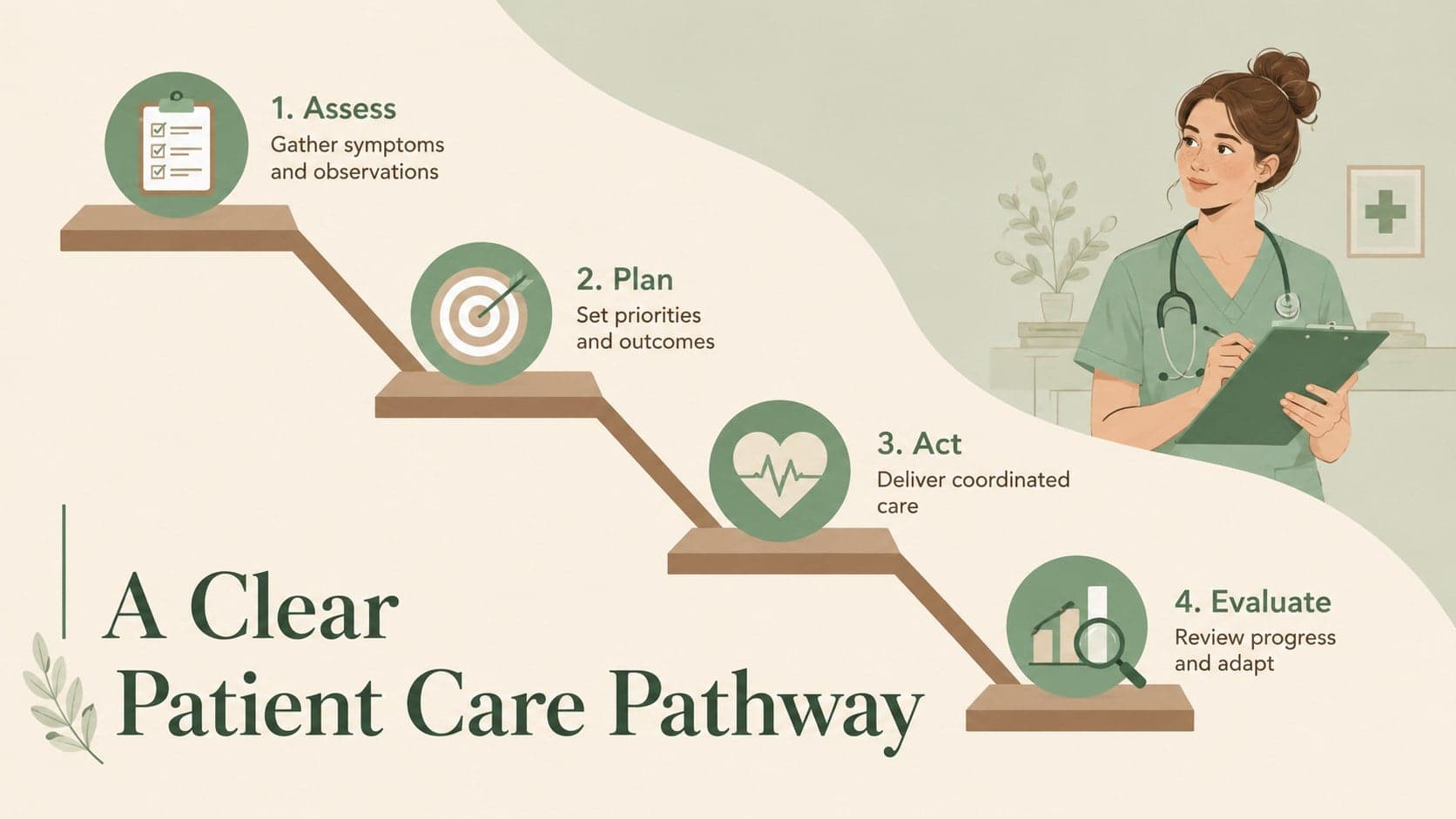 Patient care pathway infographic showing assessment, planning, action, and evaluation steps.