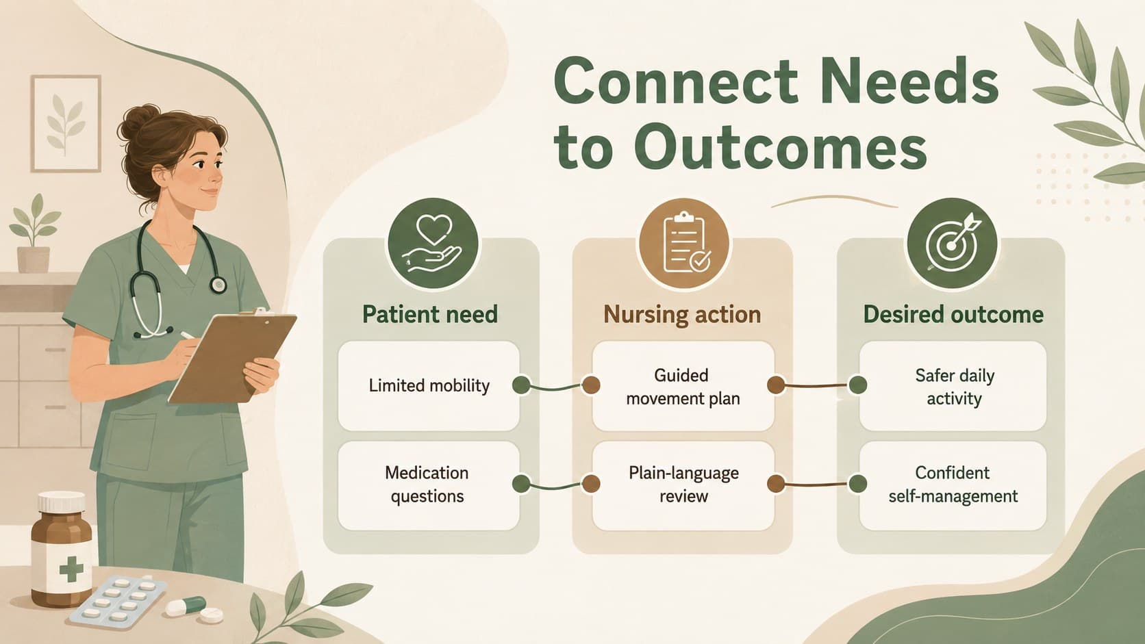 Clinical care infographic comparing patient needs, nursing actions, and desired outcomes.