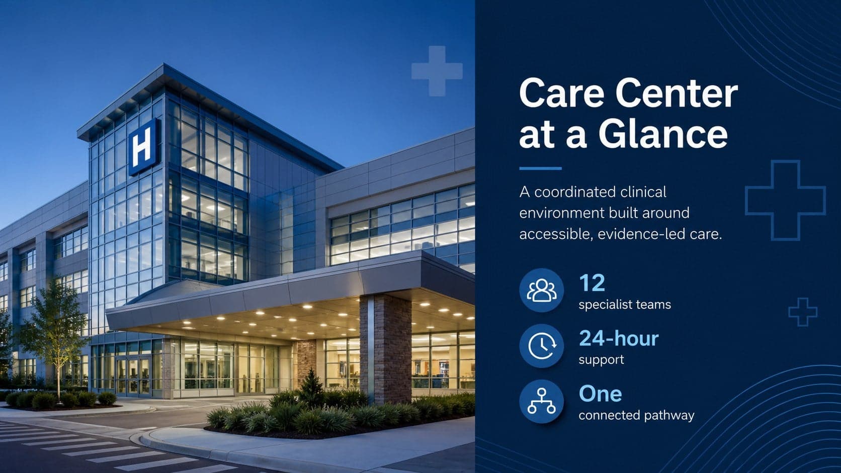 Medical center profile slide featuring a clinical facility image and concise mission statement.