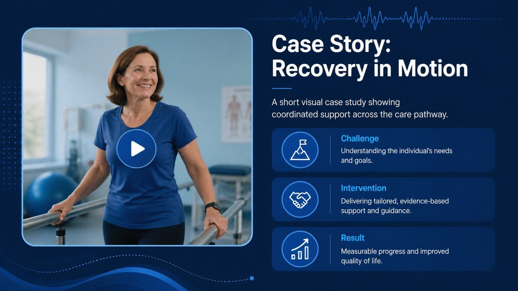 Medical video presentation slide pairing a patient case summary with a large media frame.