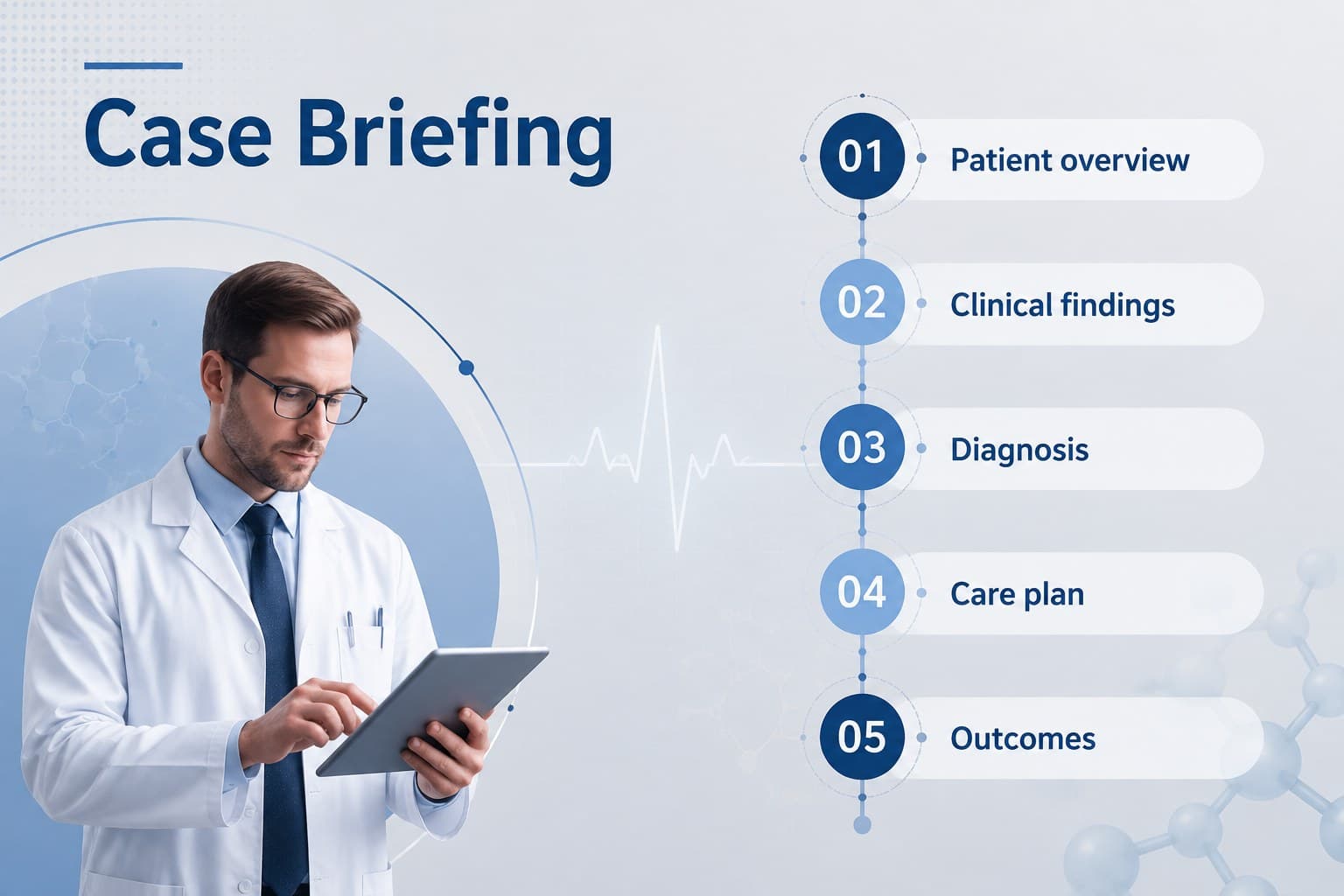 Blue clinical case presentation toolkit agenda outlining a structured medical briefing.