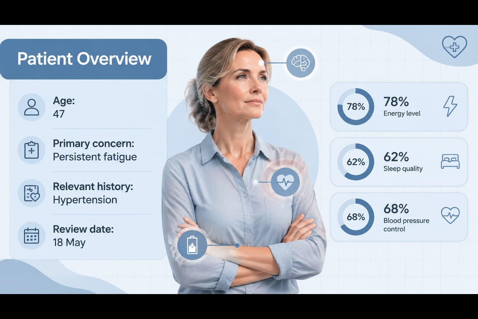 Patient overview layout in a professional blue clinical case presentation toolkit.
