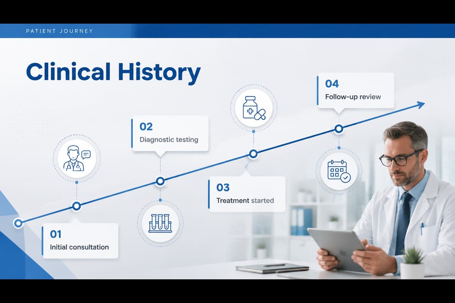 Medical history timeline displayed in a blue patient case report slide template.