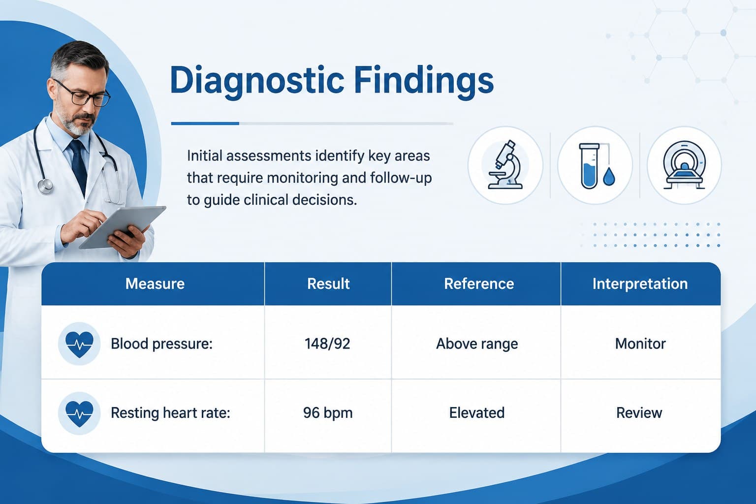 Diagnostic findings comparison in an editable blue healthcare presentation layout.