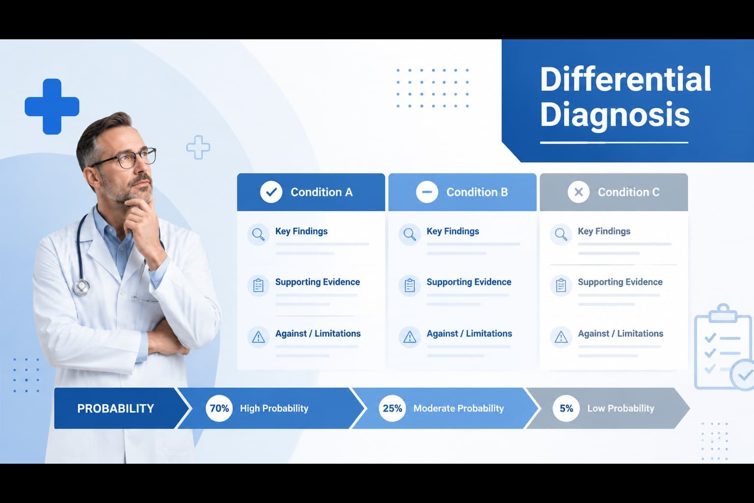 Differential diagnosis matrix in a structured patient case report slide template.
