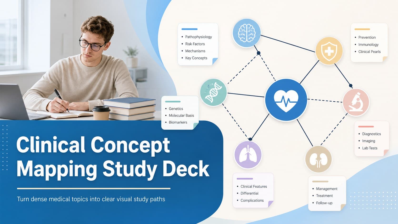 Cover slide for a clinical concept mapping study deck with a blue and beige medical learning composition.