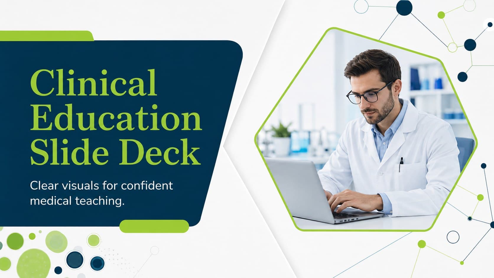 Cover of a blue, green, and white clinical education slide deck with modern geometric medical graphics.