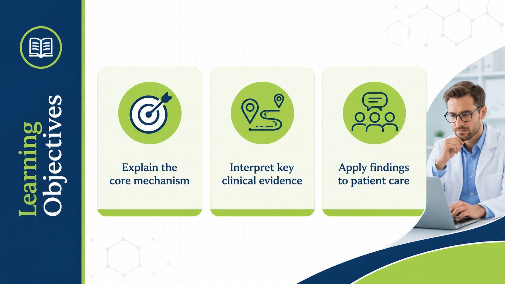 Medical classroom slide presenting three measurable clinical learning objectives.