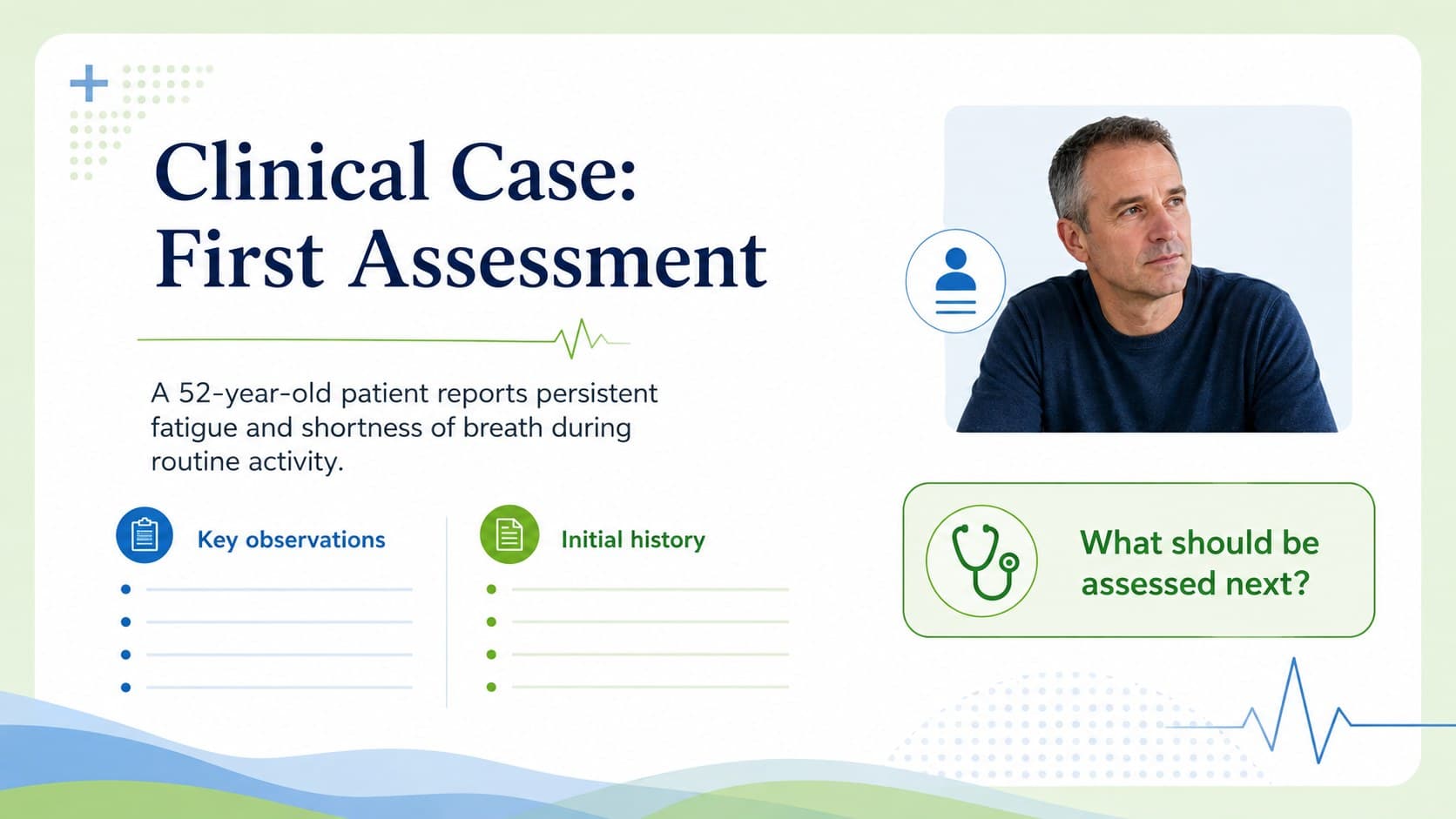 Clinical case study slide with patient context, observations, and a discussion question.
