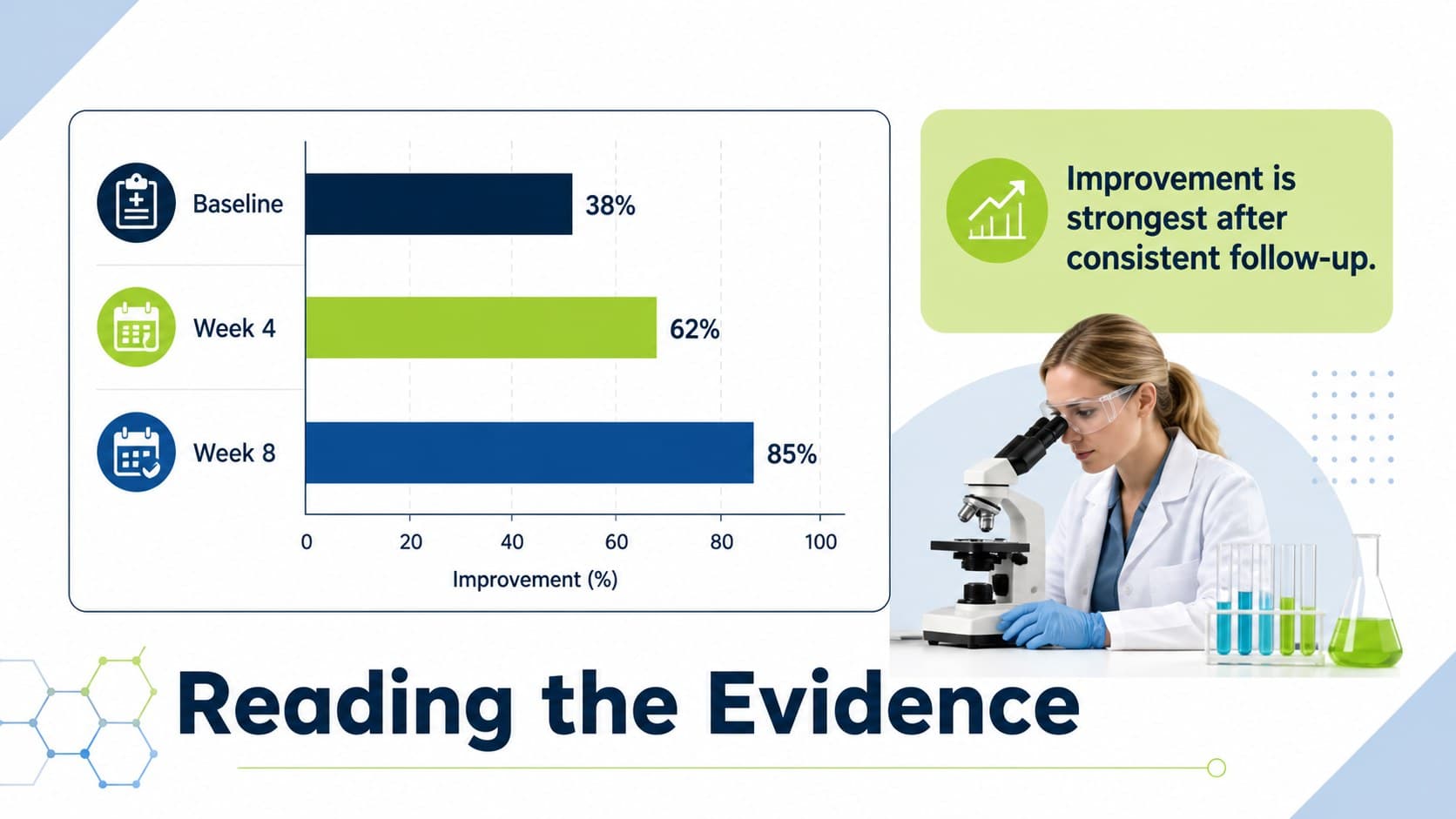Health science lecture slide visualizing sample clinical findings with a bar chart and key insight.