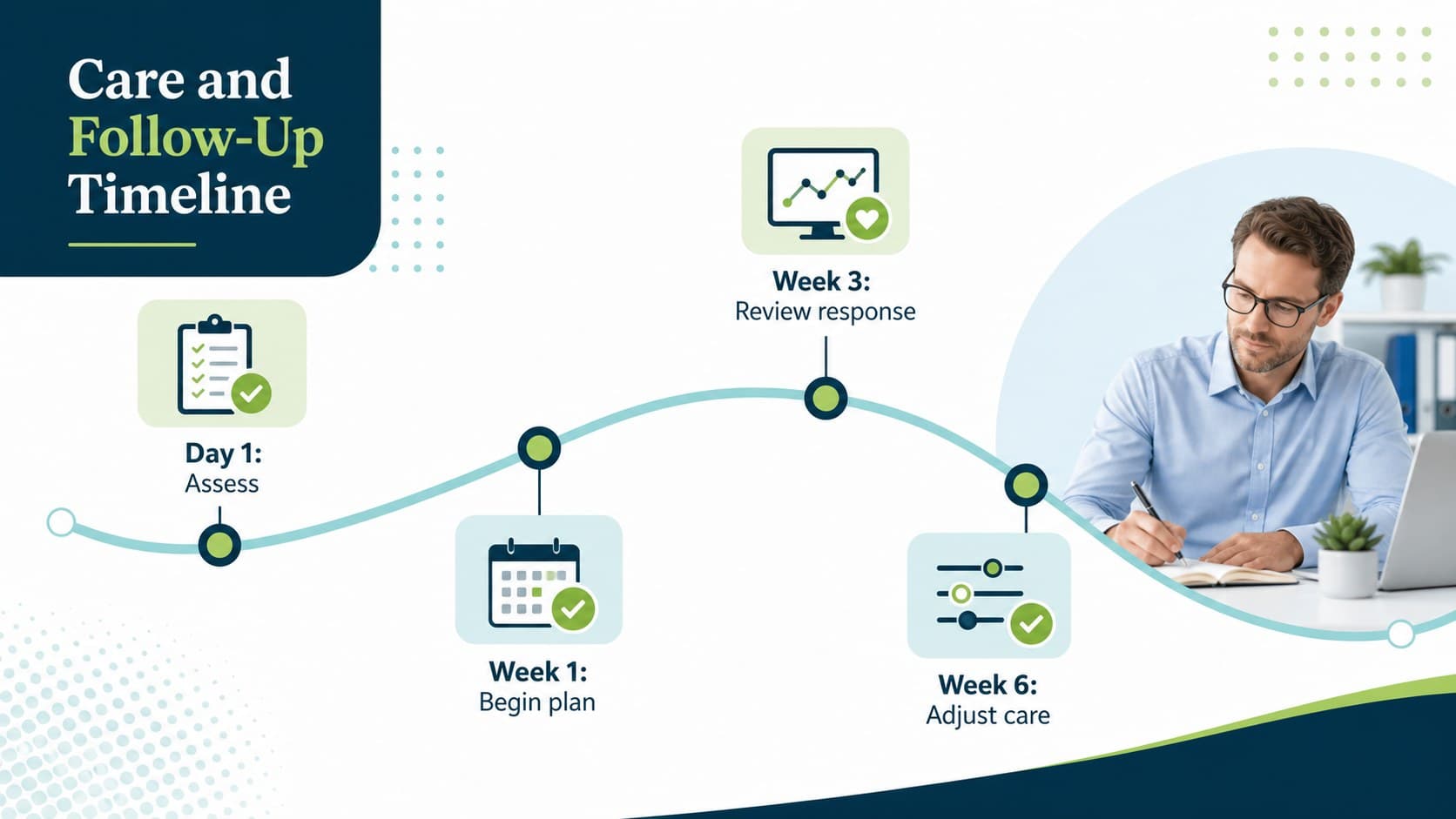 Patient care training presentation slide mapping a six-week follow-up timeline.
