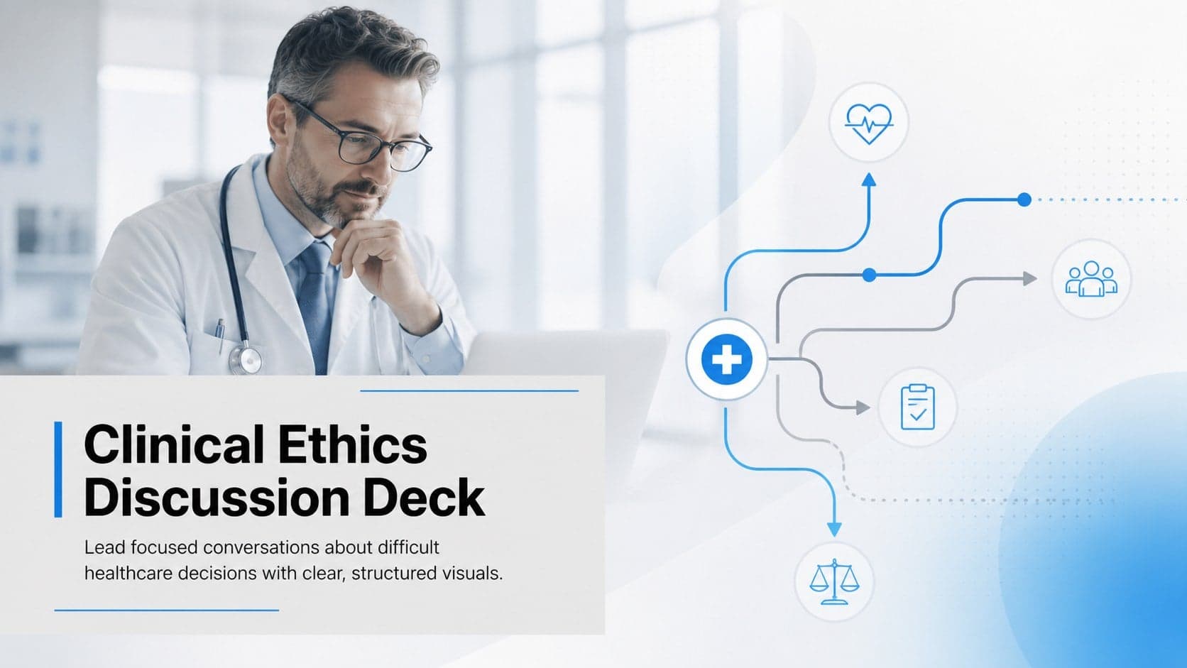 Cover of a clinical ethics discussion deck with modern blue, grey, and white medical styling.