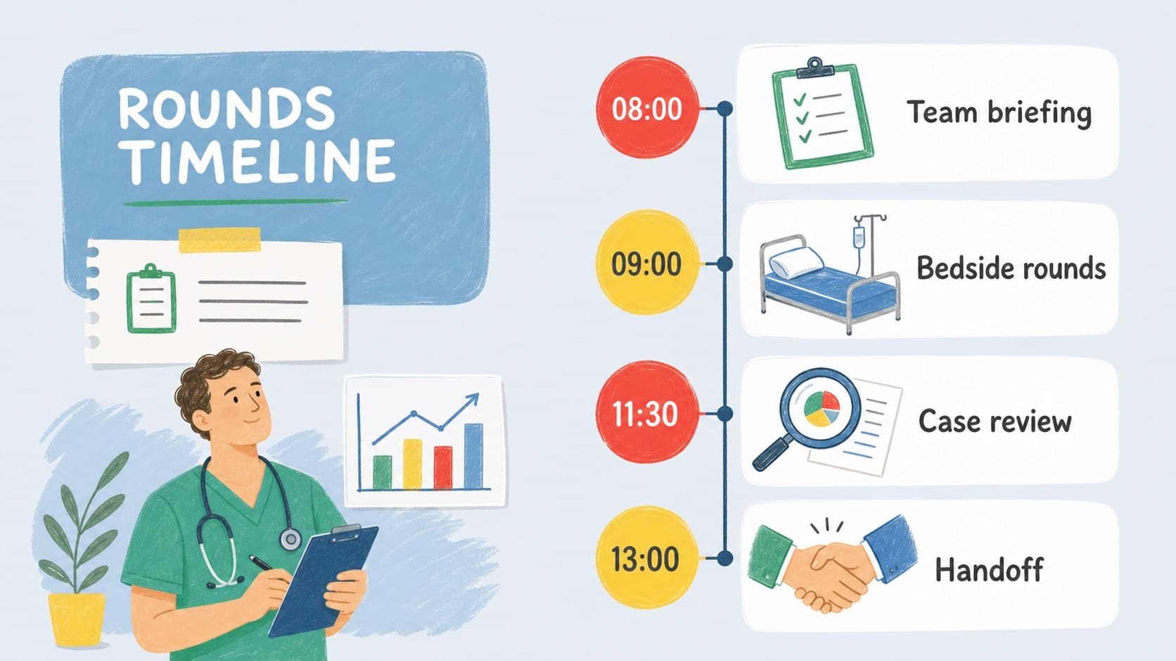 Clinical rounds presentation template with a morning timeline for briefing, bedside rounds, review, and handoff.
