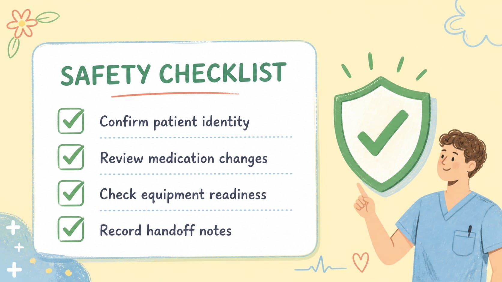 Healthcare meeting planner checklist covering patient identity, medication, equipment, and handoff safety.
