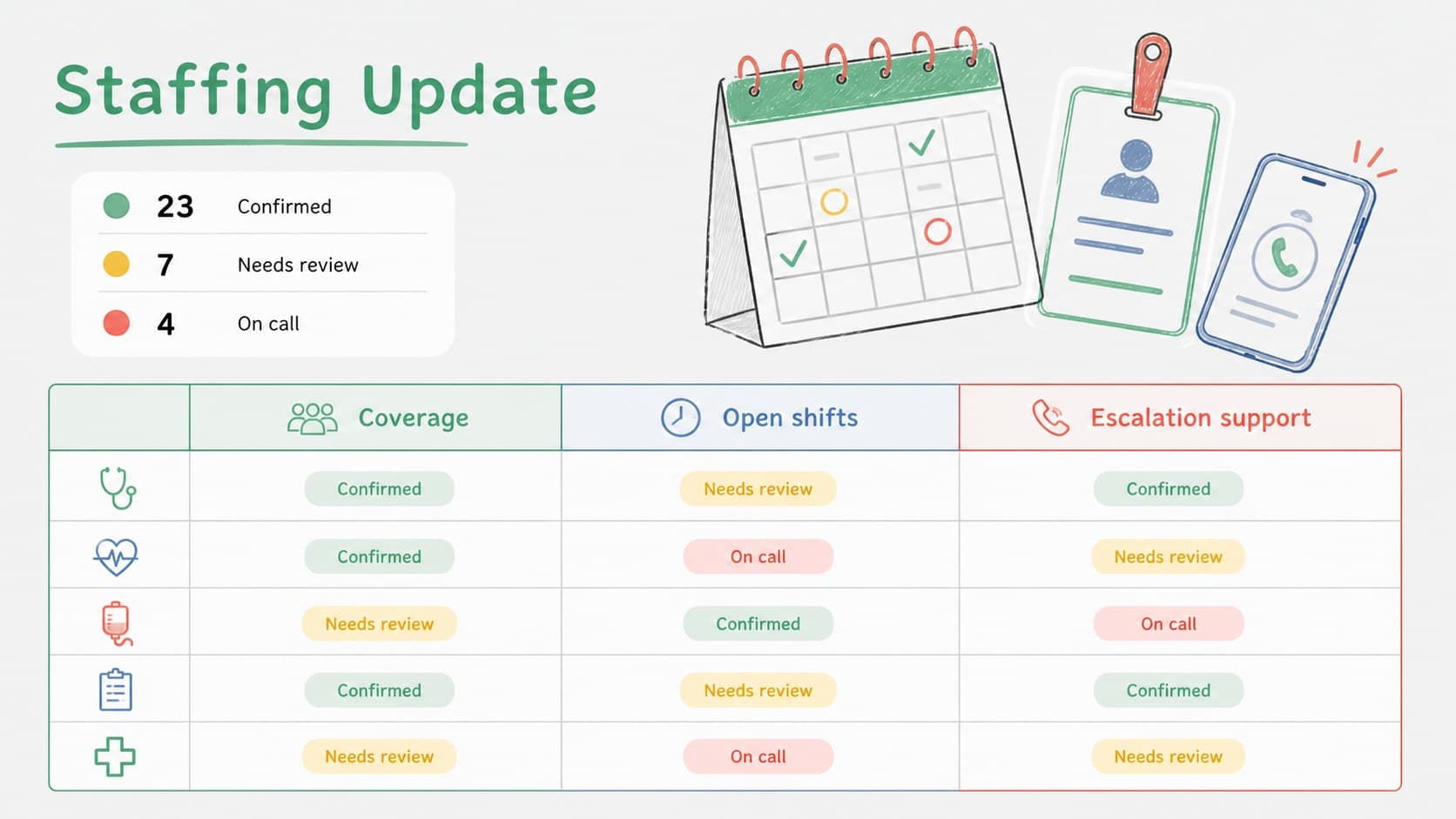 Doctor and nurse meeting agenda slide showing staffing coverage, open shifts, and escalation support.