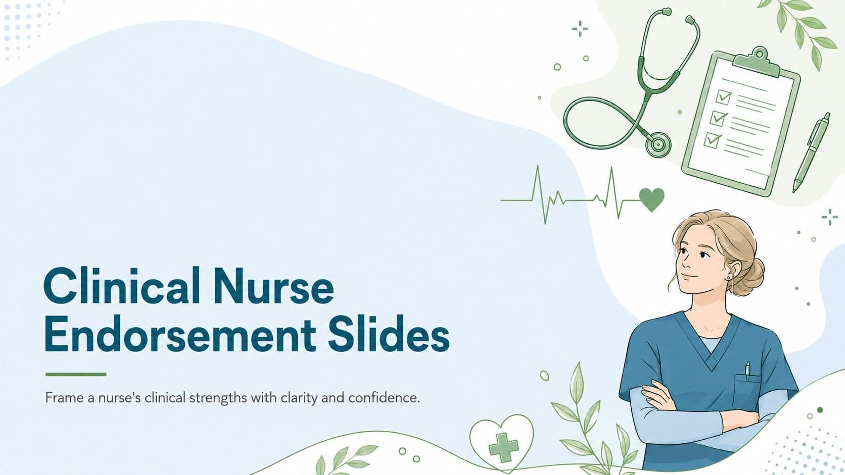 Cover for Clinical Nurse Endorsement Slides with green and blue medical doodles and a professional nursing reference subtitle.