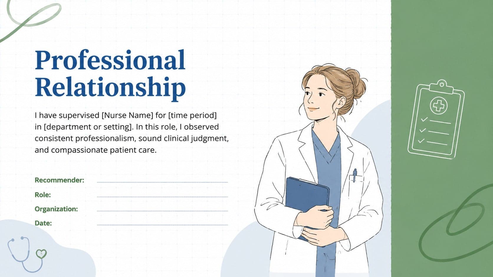 Professional relationship page from a clinical nurse endorsement presentation with editable reference details and blue-green accents.