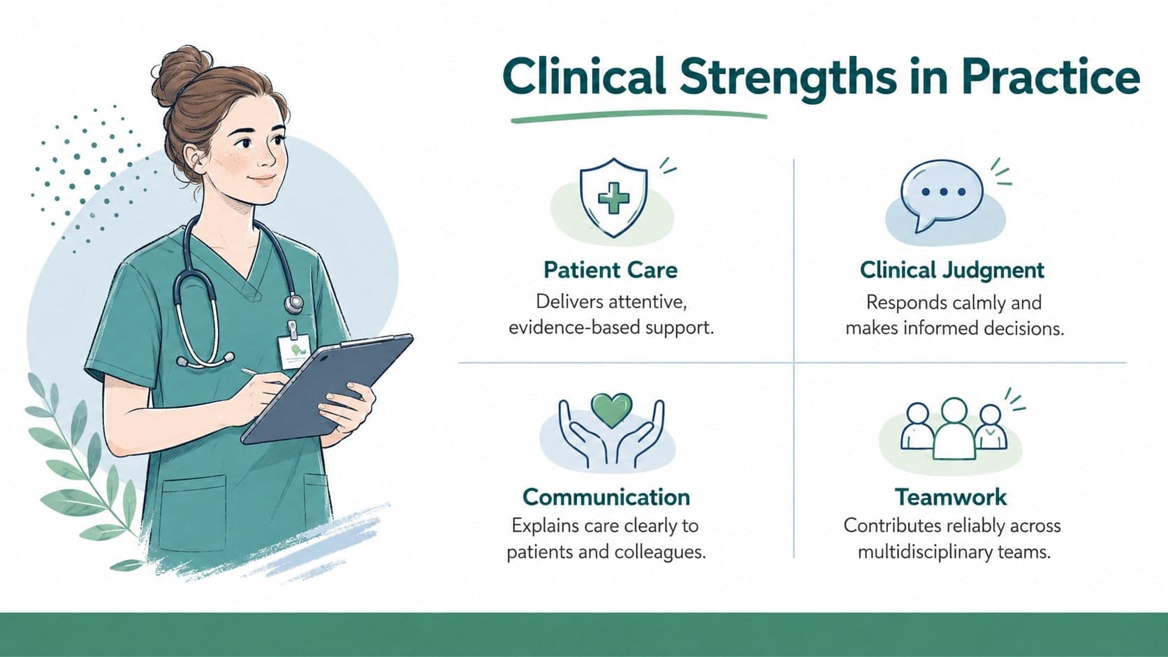 Clinical strengths layout for nurse manager reference slides featuring four evidence areas in a green and blue design.