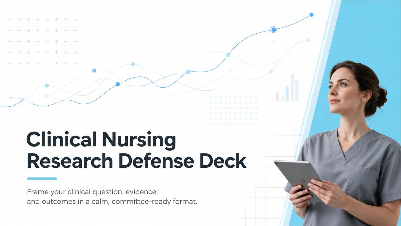 Cover of a clinical nursing research defense deck with a minimalist blue, gray, and white academic design.