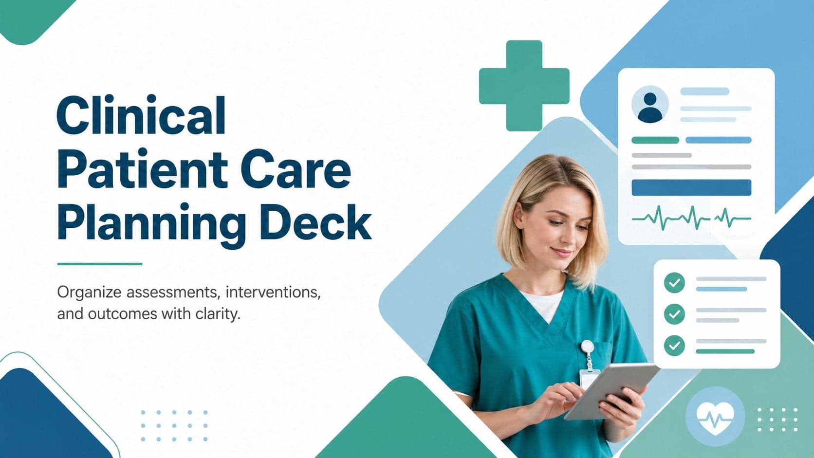 Cover slide for a clinical patient care planning deck with a geometric healthcare design in green, blue, and white.