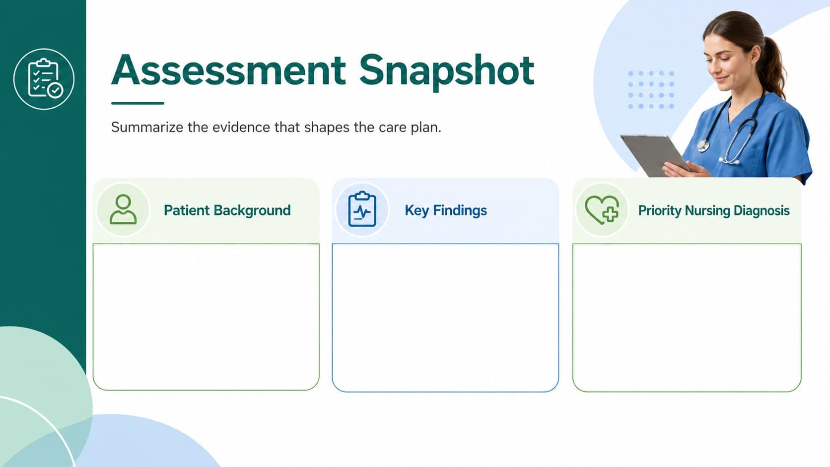 Patient assessment and nursing diagnosis slide showing organized clinical details in a geometric green and blue layout.
