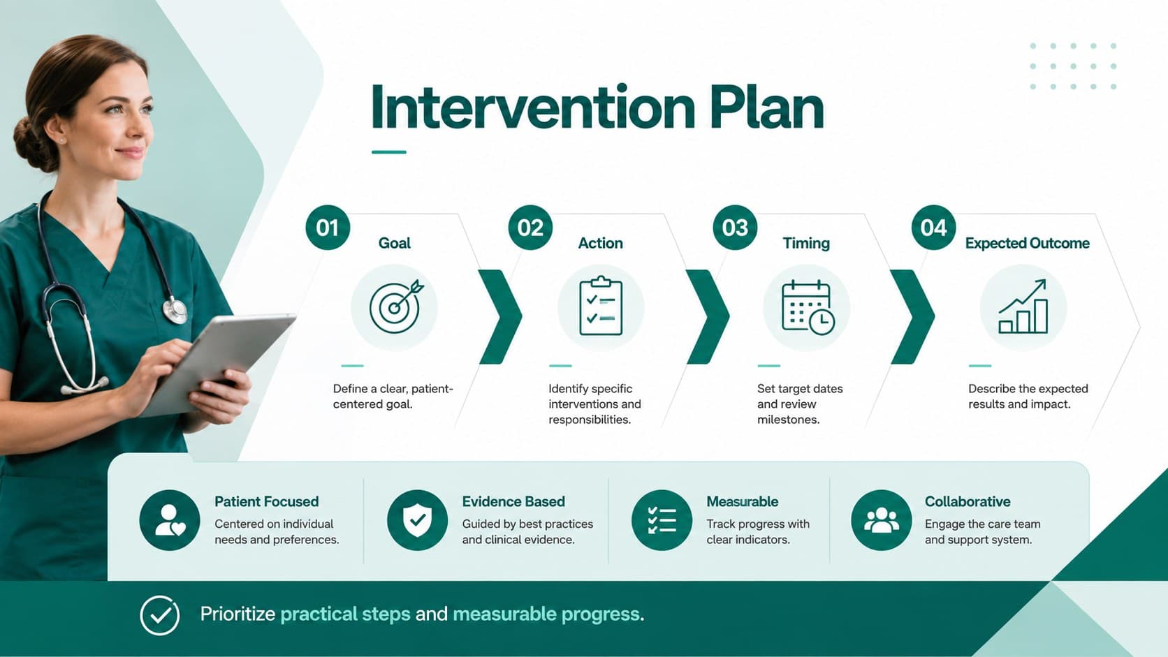 Nursing intervention planning slide with prioritized goals, actions, and expected outcomes for a patient care presentation.