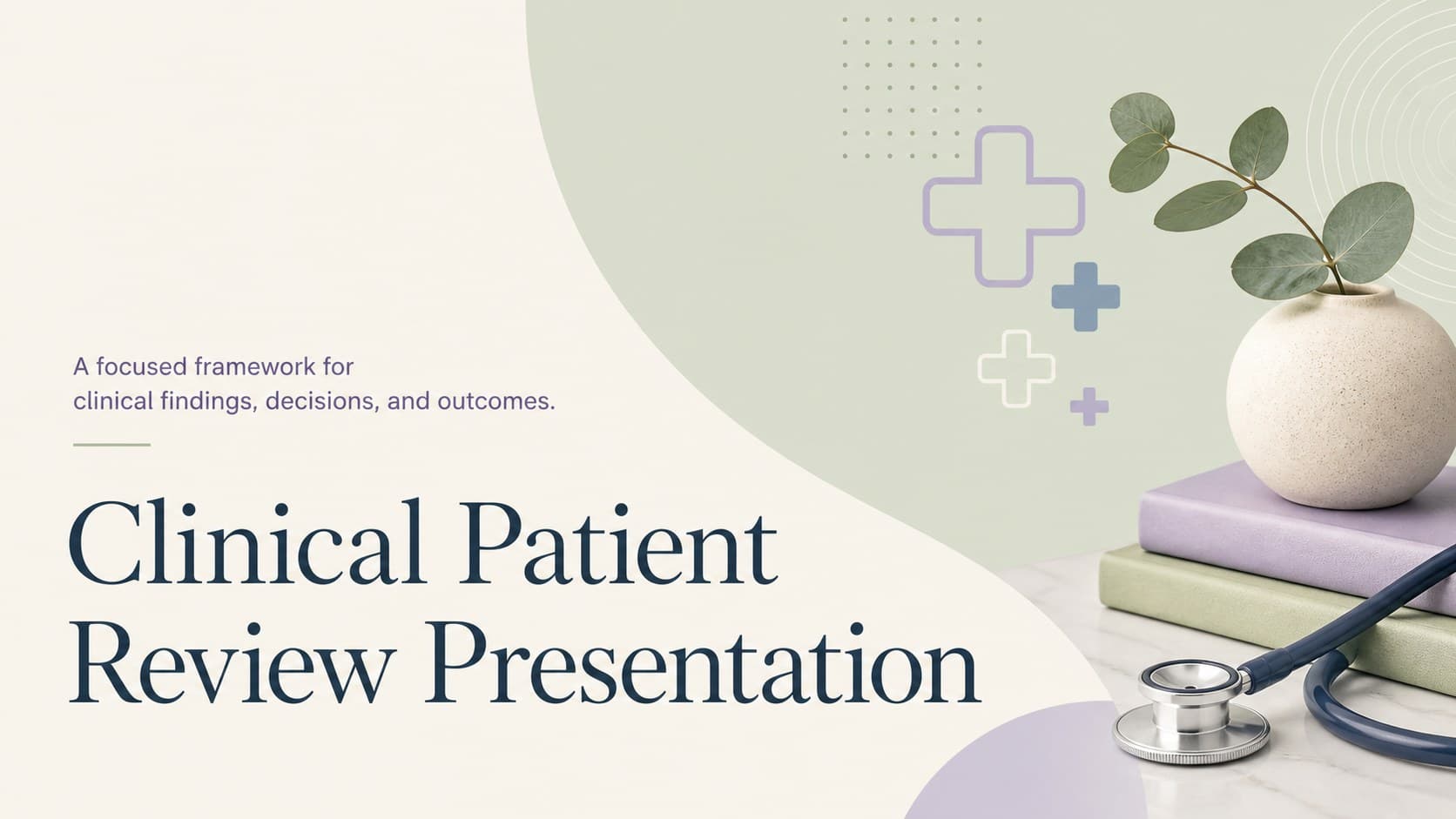 Cover of a Clinical Patient Review Presentation with calm pastel medical graphics and a minimalist professional layout.