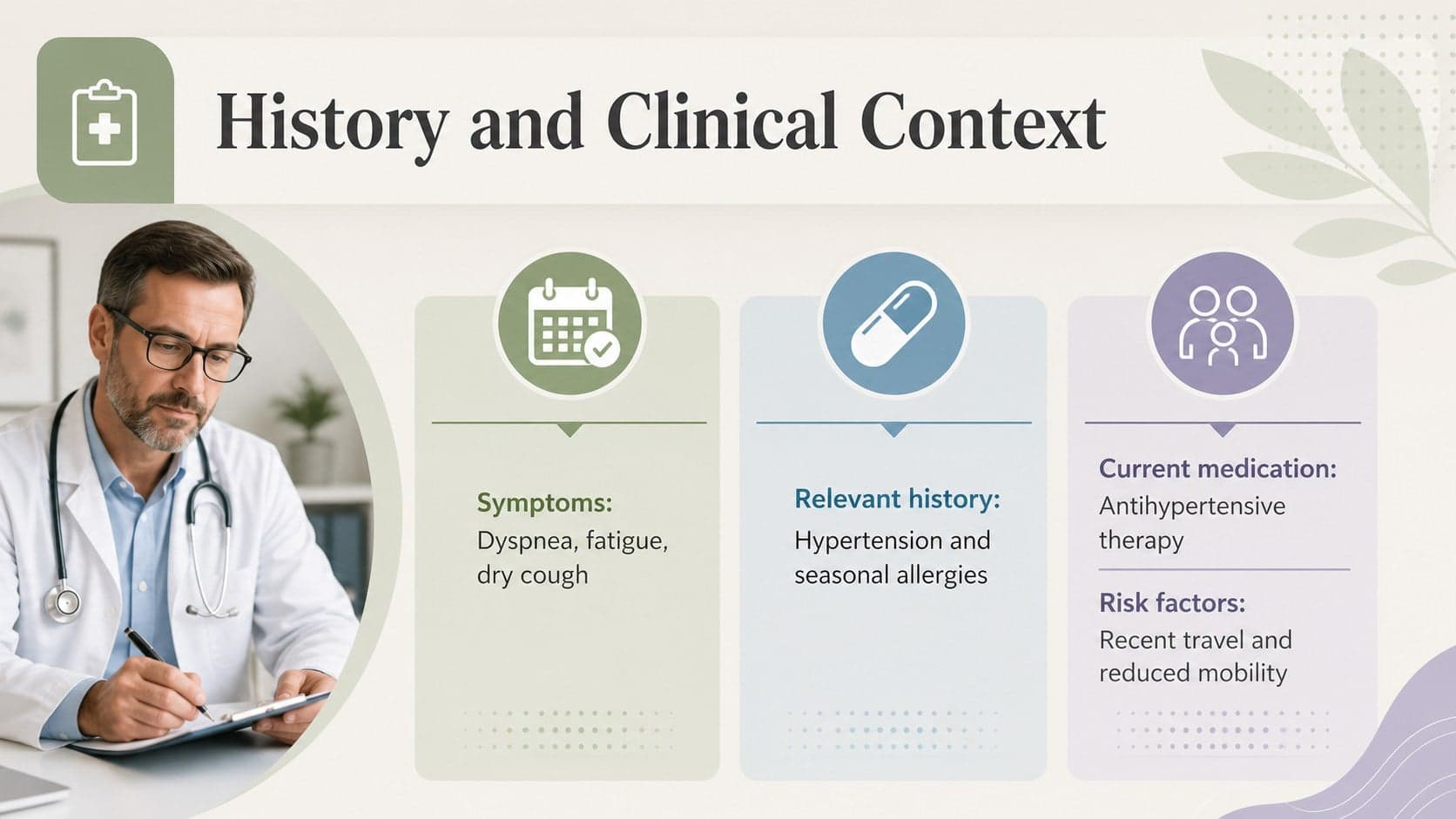 Patient history and diagnosis slide showing symptoms, relevant background, medication, and risk factors.
