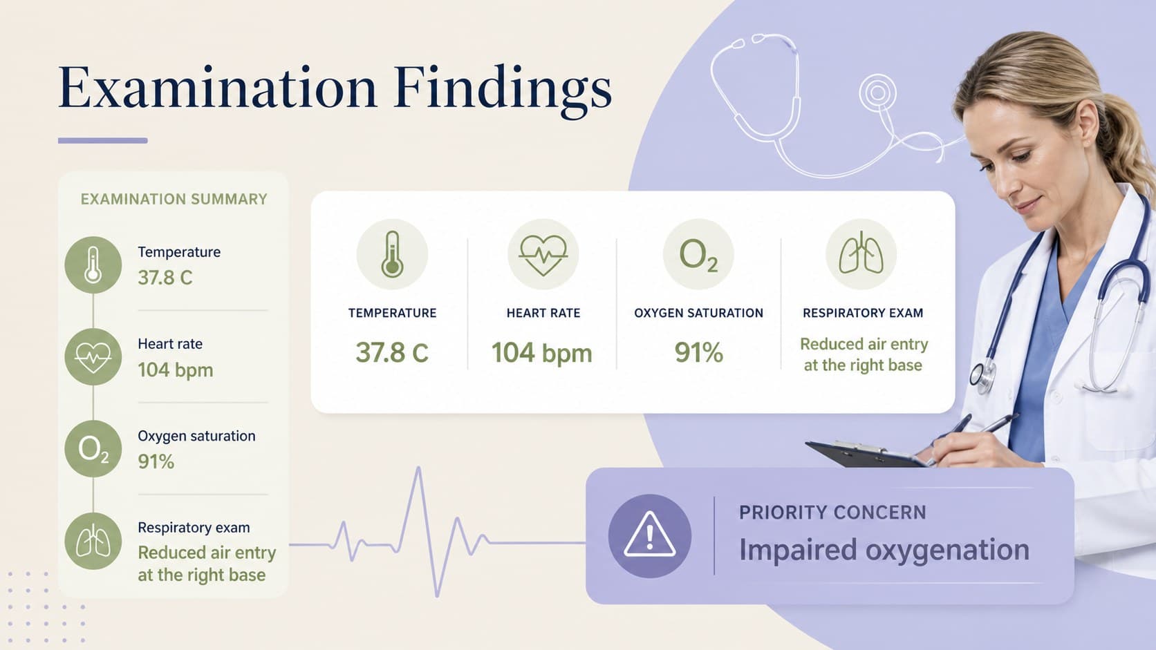 Clinical findings slide summarizing vital signs, physical examination observations, and priority concerns.