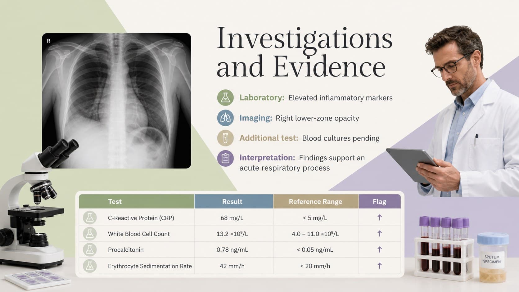 Investigation results slide comparing laboratory values, imaging observations, and their clinical interpretation.