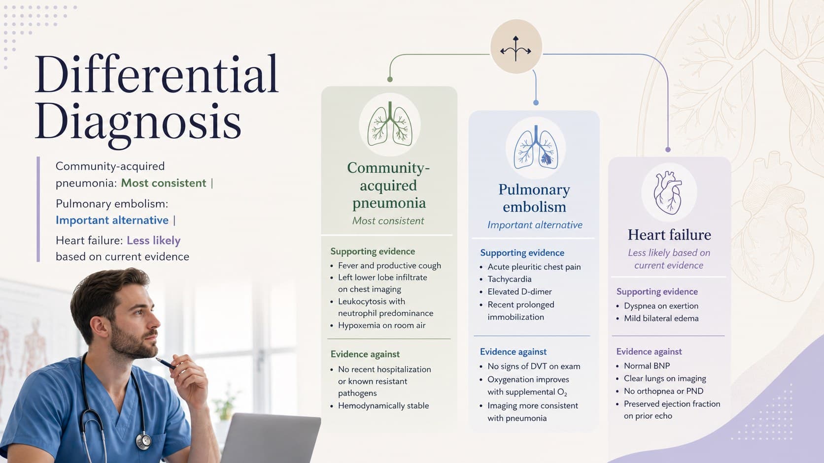 Differential diagnosis slide comparing three possible conditions by supporting and opposing clinical evidence.