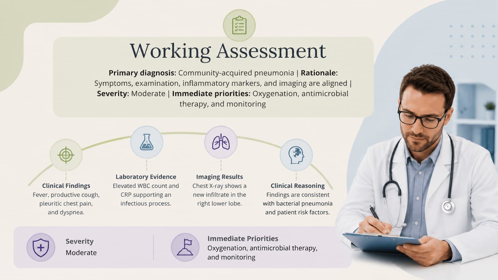 Clinical assessment slide presenting the working diagnosis, supporting rationale, severity, and immediate priorities.