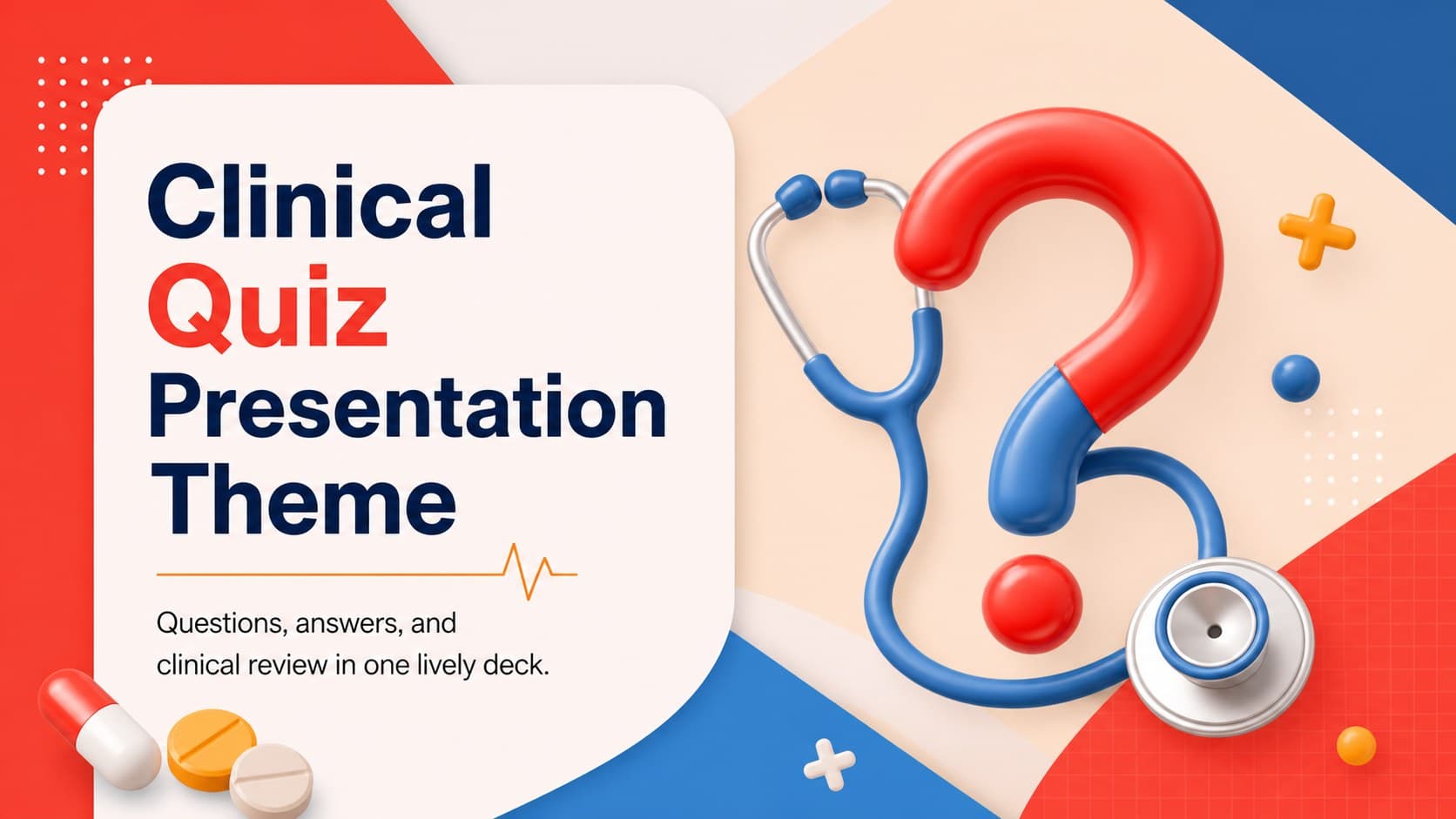 Cover slide for a clinical quiz presentation with bold red and blue 3D medical graphics.