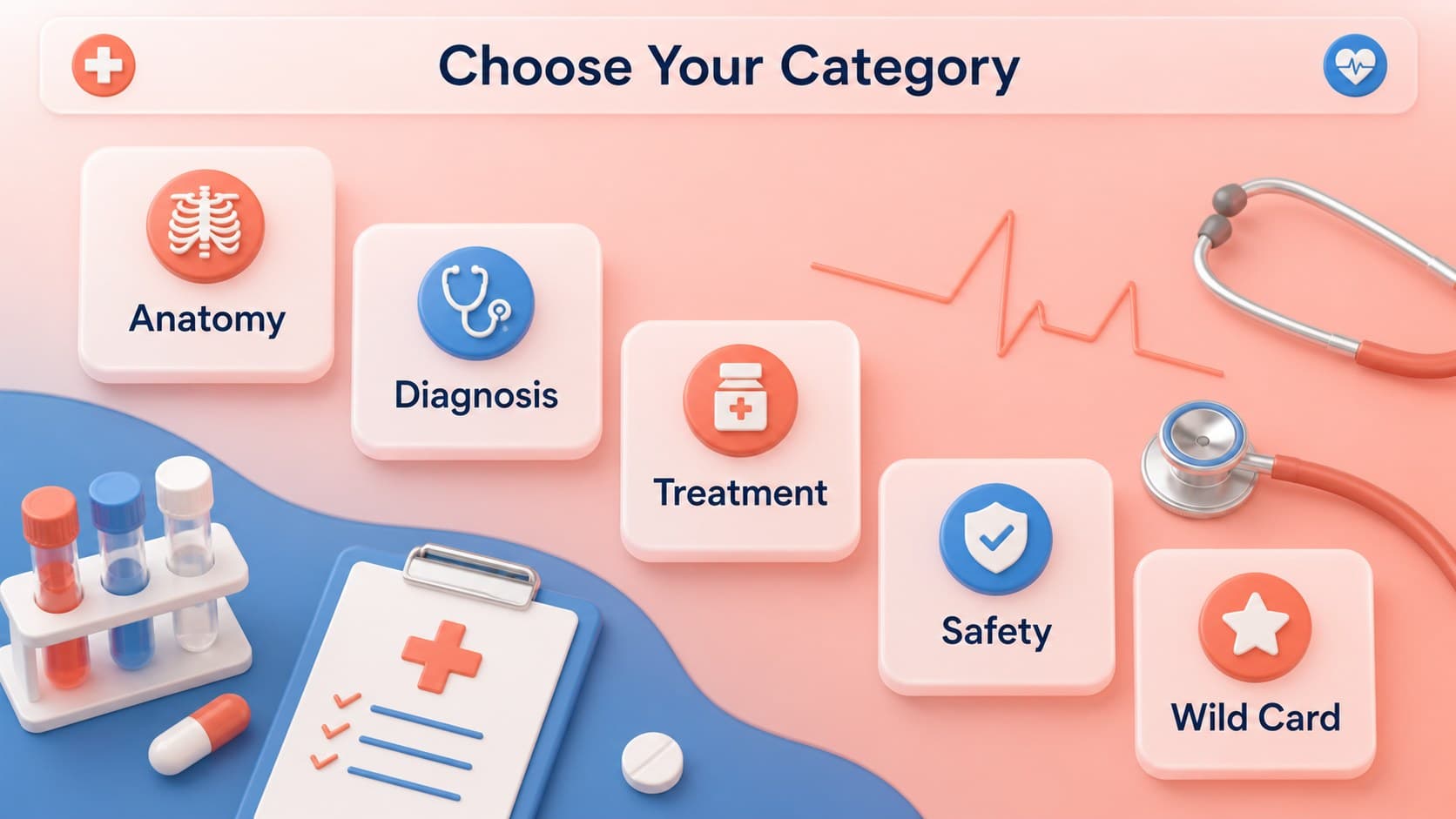 Clinical quiz presentation category board featuring anatomy, treatment, and patient safety topics.