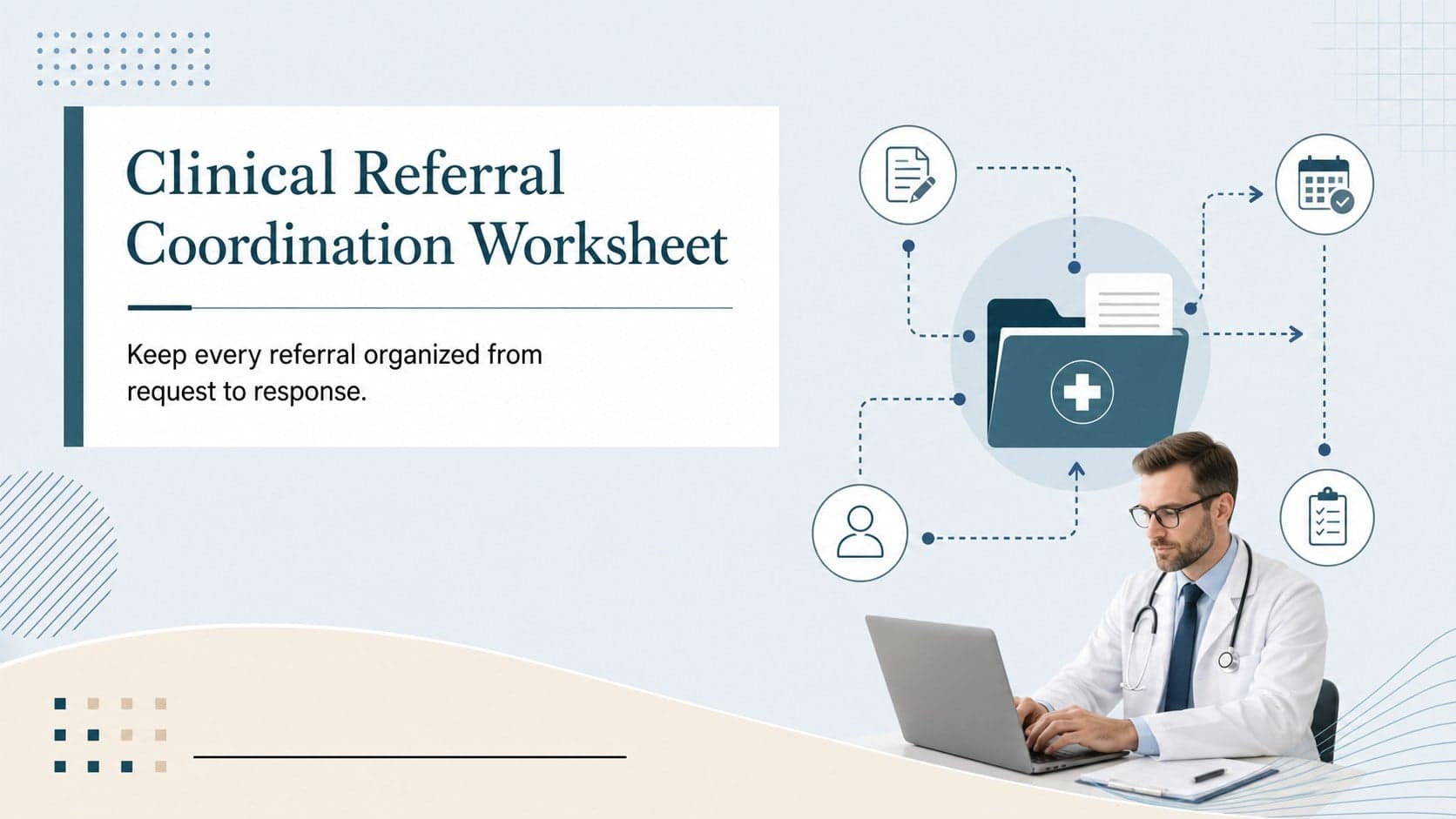 Cover preview for a clinical referral coordination worksheet in a formal beige, blue, white, and black healthcare design.