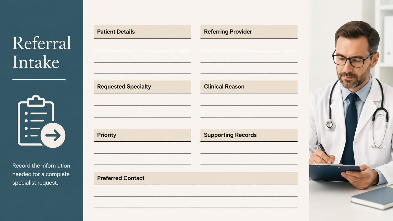 Referral intake worksheet showing patient details, clinical context, priority, and requested specialty fields.