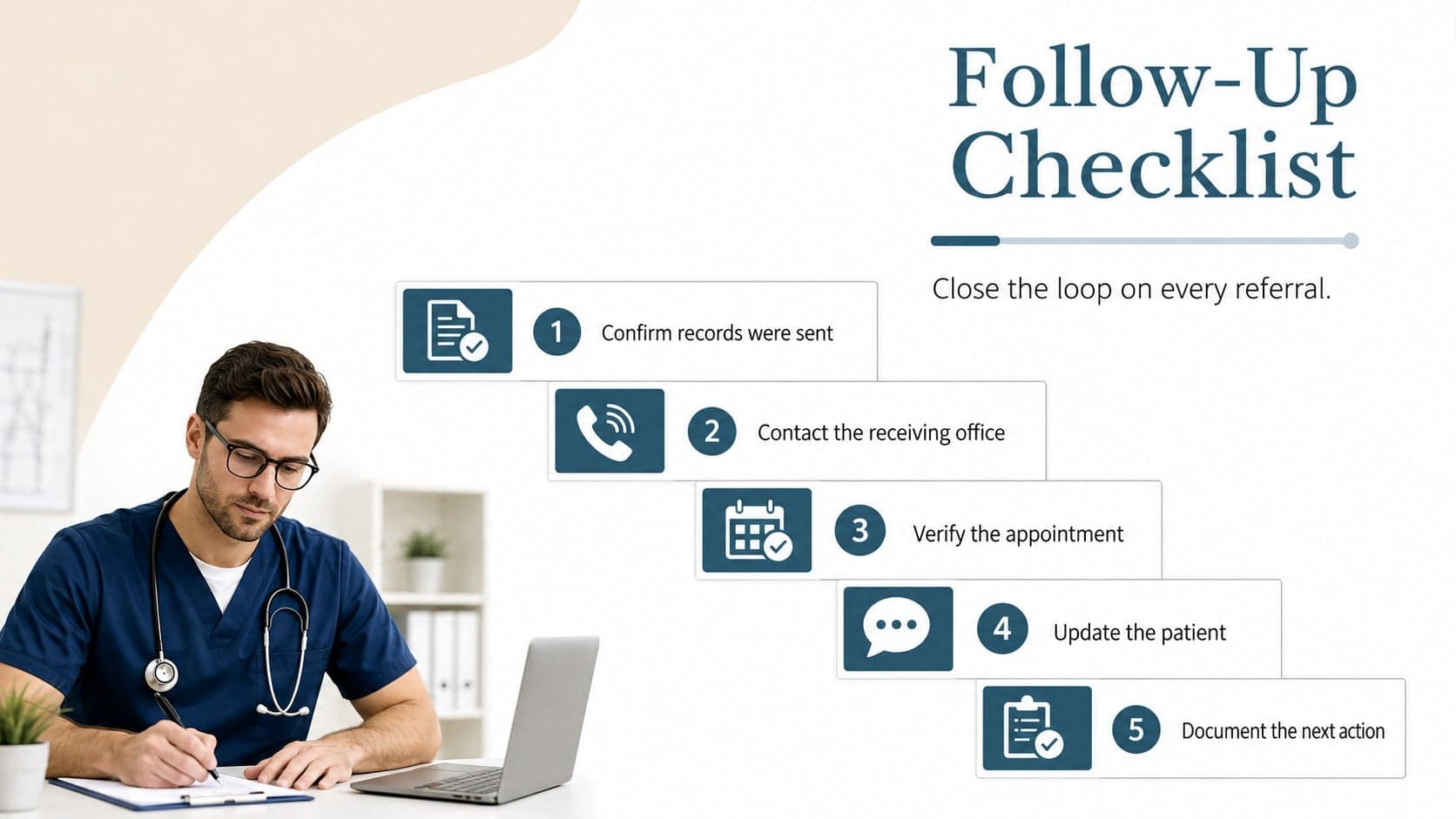 Medical referral follow-up checklist covering records, receiving office contact, appointment confirmation, and next actions.
