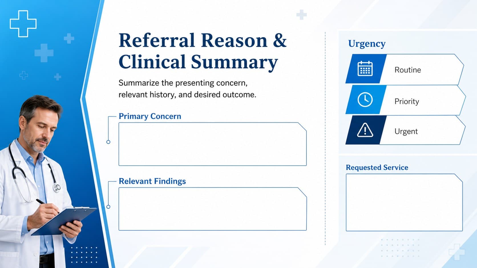 Healthcare provider handoff slide showing referral reason, clinical summary, requested service, and urgency level.