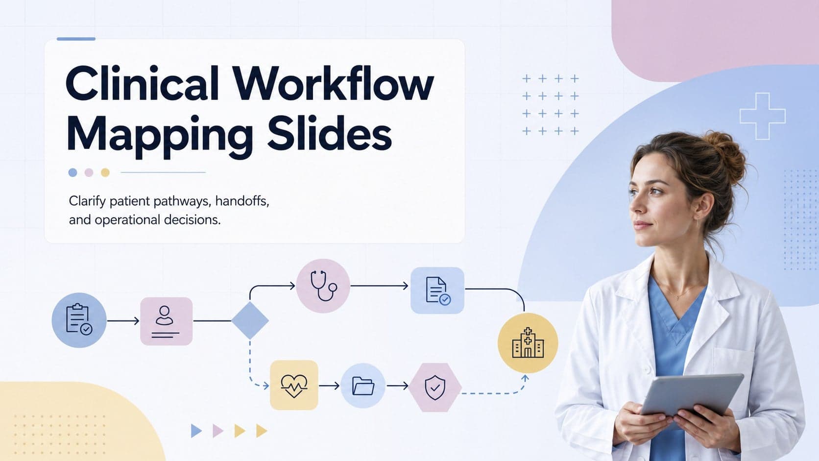 Cover for Clinical Workflow Mapping Slides featuring a colorful healthcare process diagram in blue, purple, and yellow.