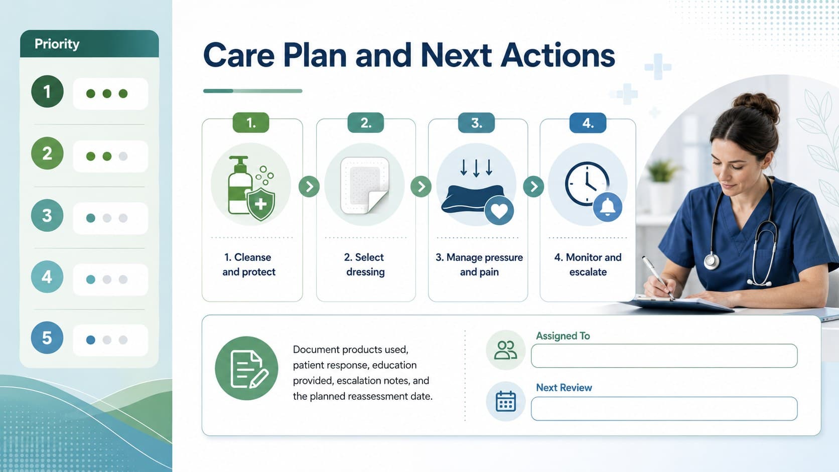 Nursing wound treatment plan slide outlining care actions, monitoring priorities, escalation notes, and reassessment timing.
