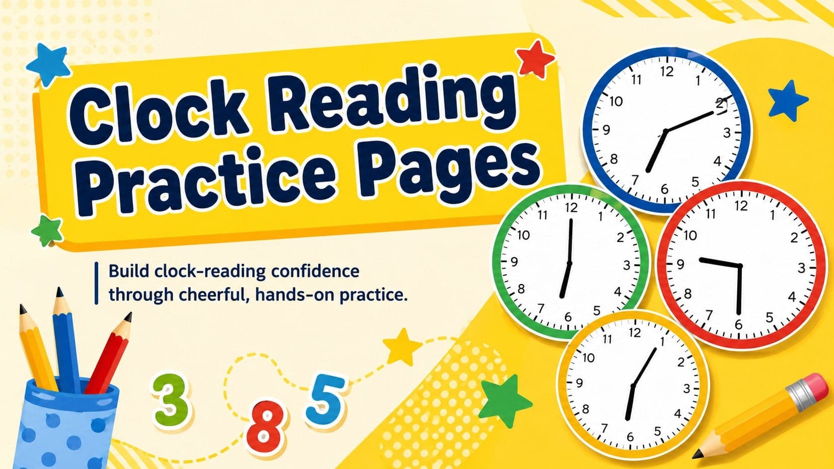Bright yellow Clock Reading Practice Pages cover with playful analog clock illustrations for young learners.