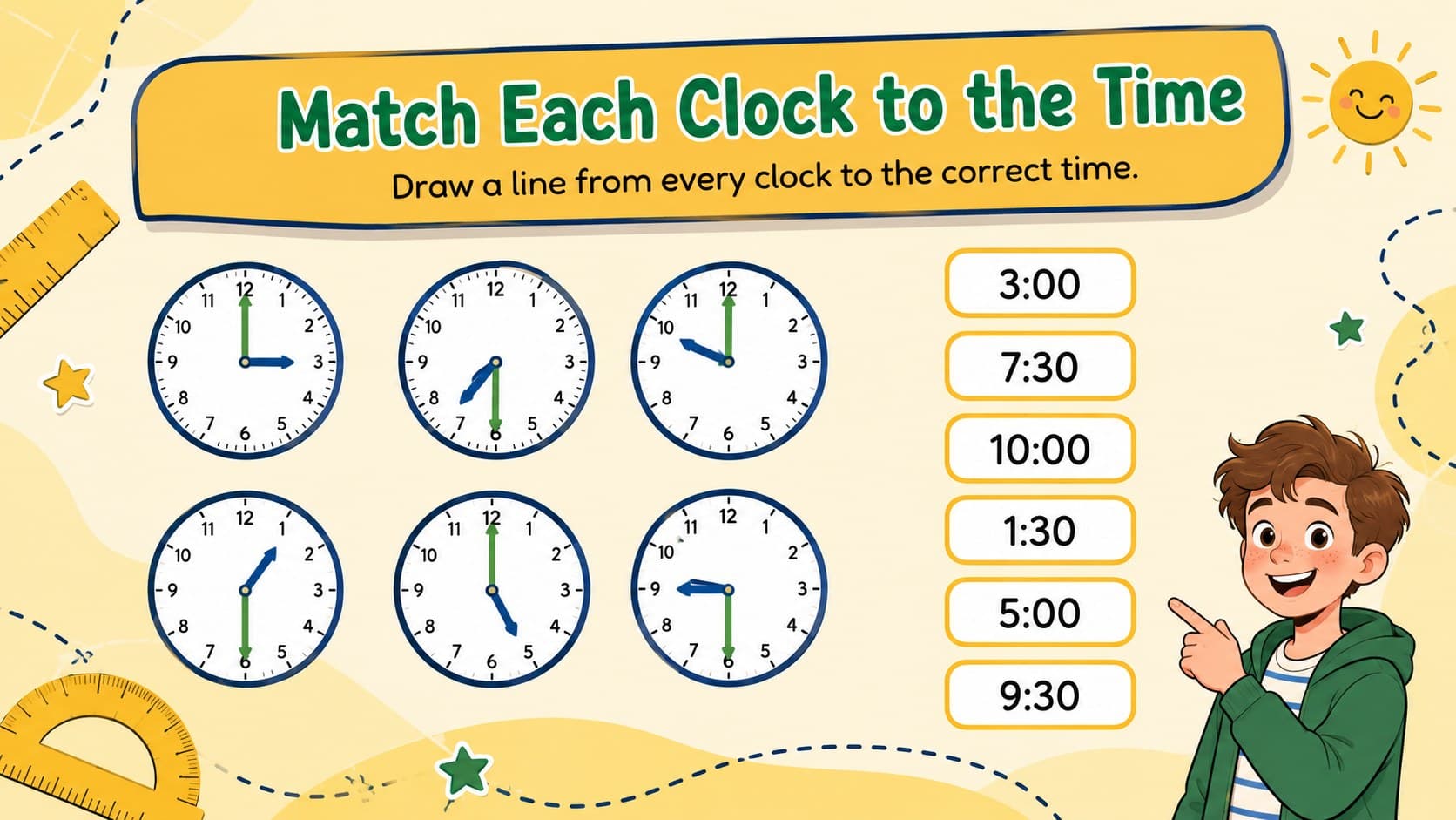 Analog clock practice for kids featuring a colorful matching activity with six clock faces and written times.