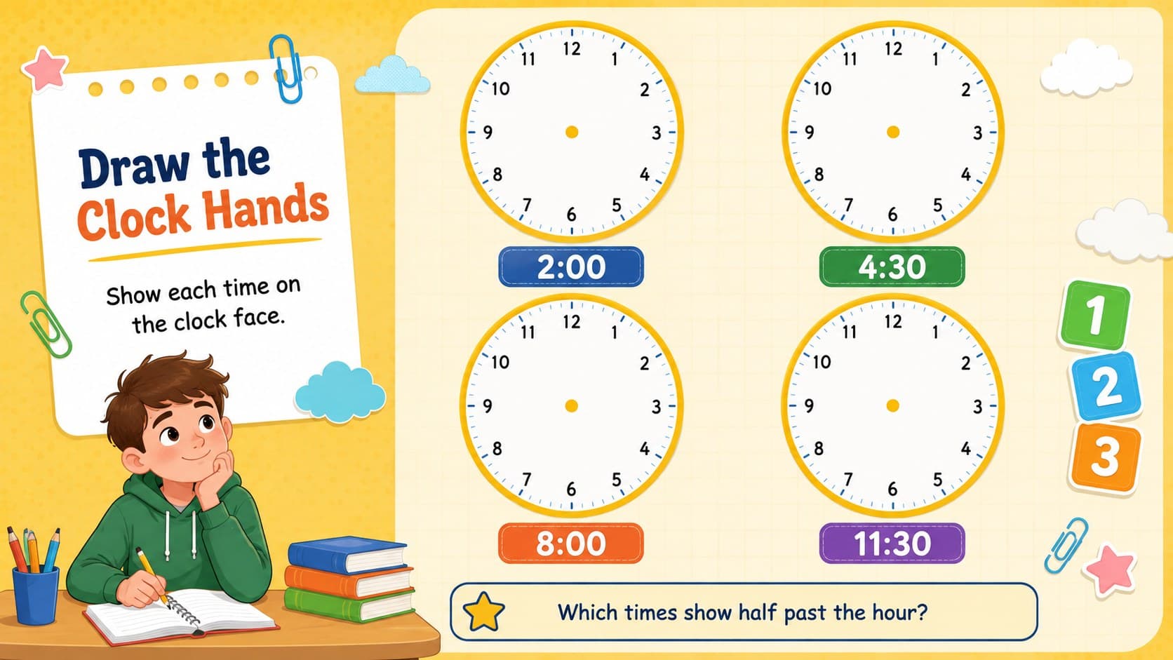 Editable time worksheet for elementary students with blank clocks for drawing hour and minute hands.