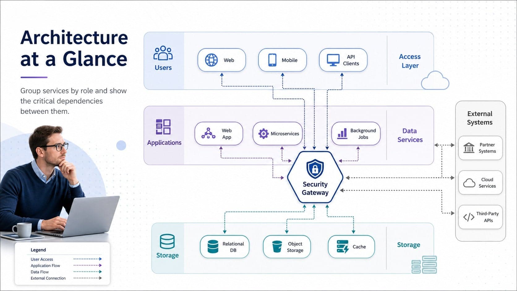 Editable cloud architecture diagram showing users, applications, security, databases, and external services.