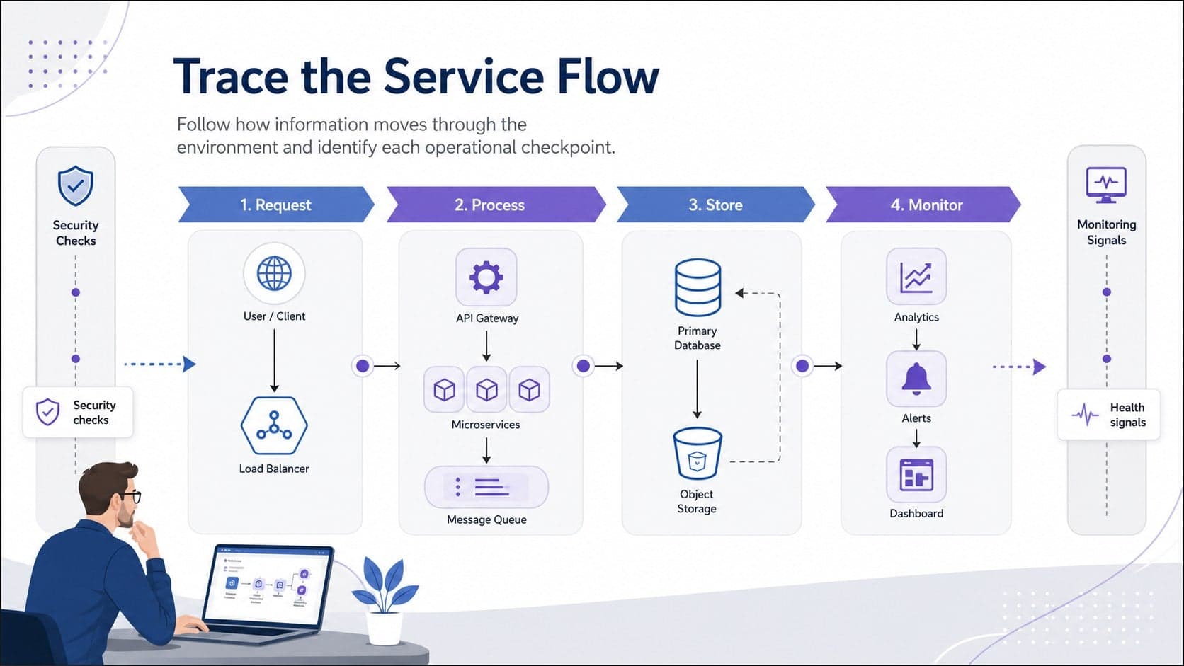 Cloud service dependency map tracing request, processing, storage, and monitoring paths.
