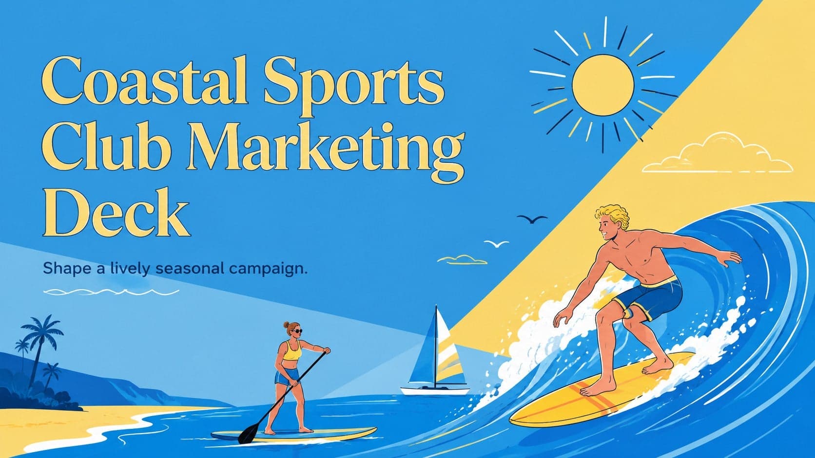 Cover of the Coastal Sports Club Marketing Deck with bold blue-and-yellow coastal sports illustrations.